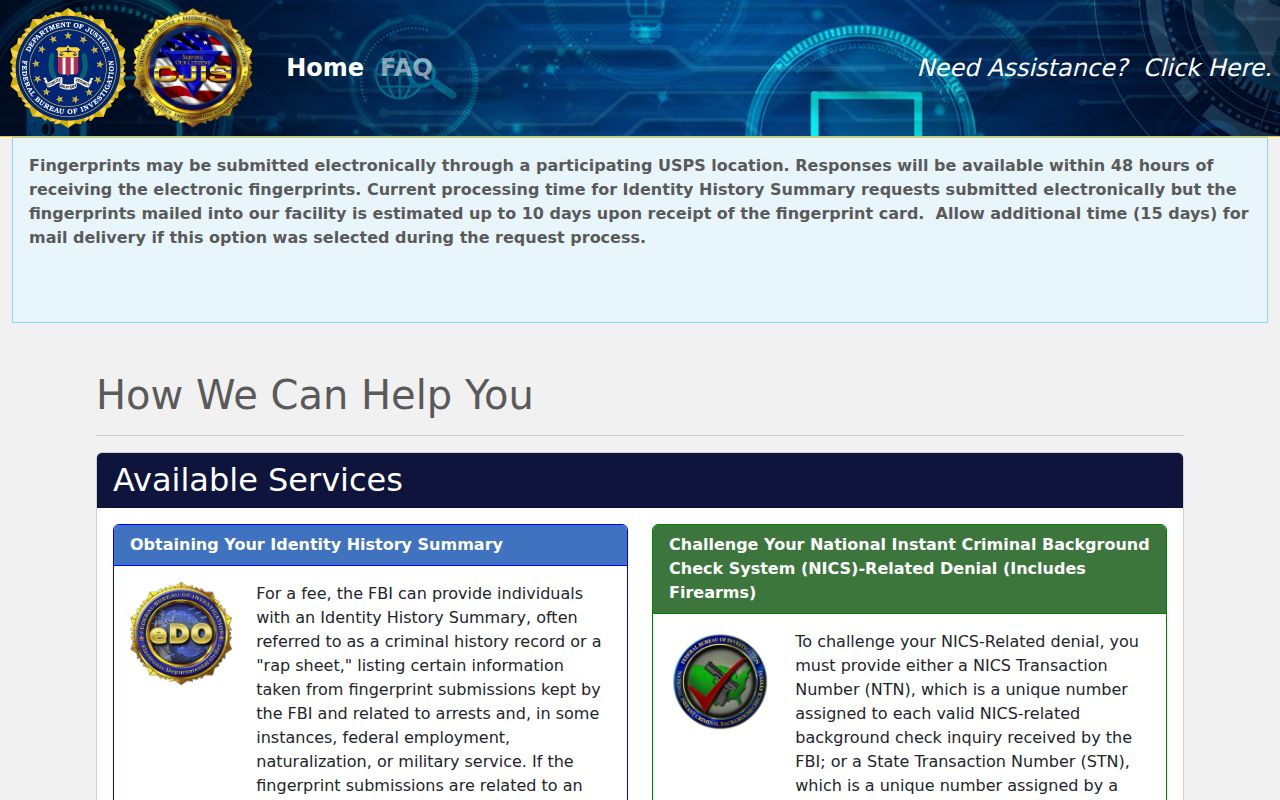 Trimble County criminal history FBI identity history request portal